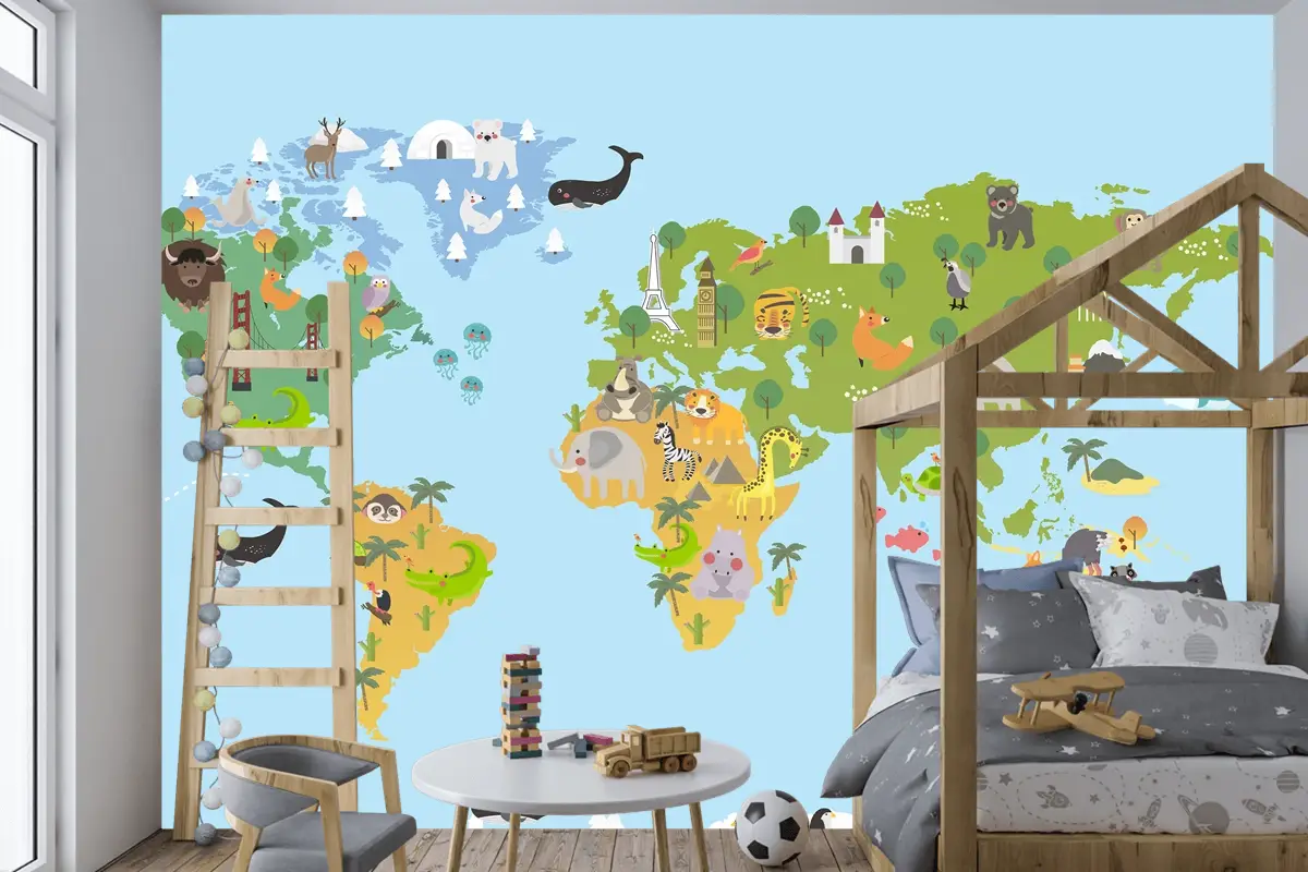 Hayvan Dünya Haritası Çocuk Odası Duvar Kağıdı