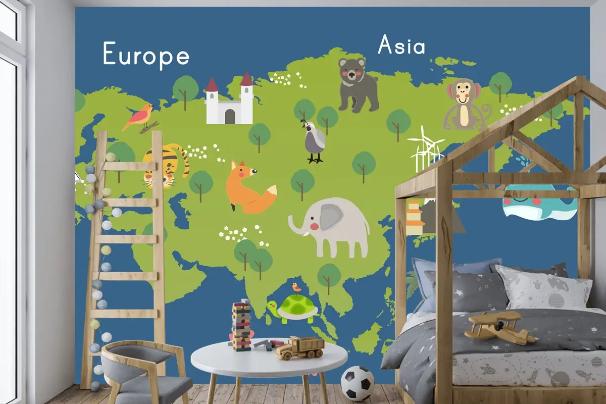 Yaban Hayatı Habitatlarının Çizim Stili Seti Çocuk Odası Duvar Kağıdı