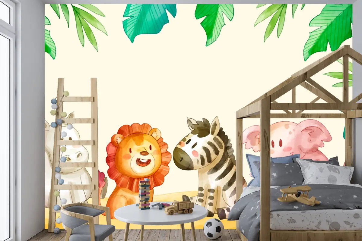 Suluboya Safari Arka Plan Çocuk Odası Duvar Kağıdı 
