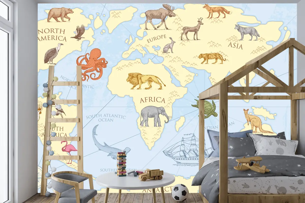 Vahşi Hayvanlarla Vintage Dünya Haritası Çocuk Odası Duvar Kağıdı