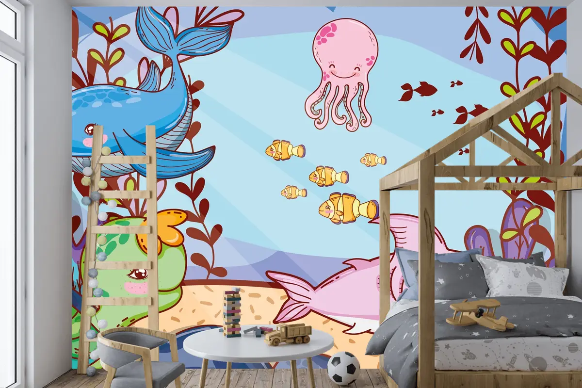 Deniz Yosunu Bitkileri Ile Sevimli Deniz Hayvanları Çocuk Odası Duvar Kağıdı