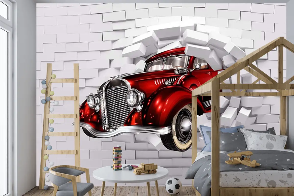 3D Boyutlu Duvardan Çıkan Kırmızı Araba Çocuk Odası Duvar Kağıdı