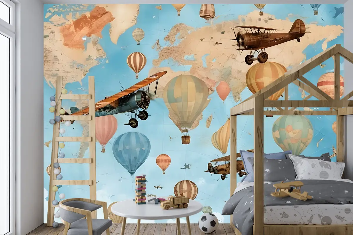 Sıcak Hava Balonu Çocuk Odası Duvar Kağıdı  Ile 3D Görünümlü Çocuk Dünya Haritası