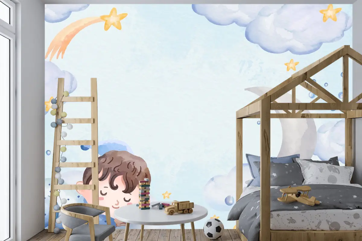 Suluboya Erkek Bebek Arka Plan Çocuk Odası Duvar Kağıdı 