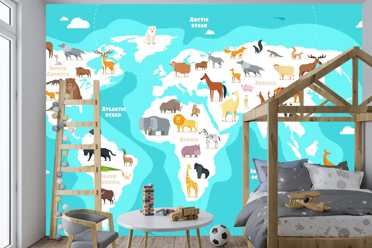 Hayvanlarla Dünya Haritası Dünya Keşfi Komik Çocuklar Coğrafya Çocuk Odası Duvar Kağıdı