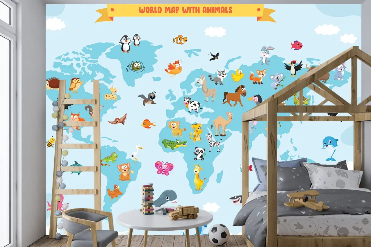 Karikatür Hayvanlı Dünya Haritası Çocuk Odası Duvar Kağıdı