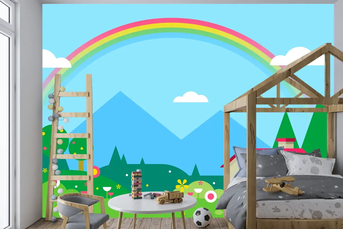 Ev Ve Gökkuşağı Çocuk Odası Duvar Kağıdı  Ile Bahar Manzarası