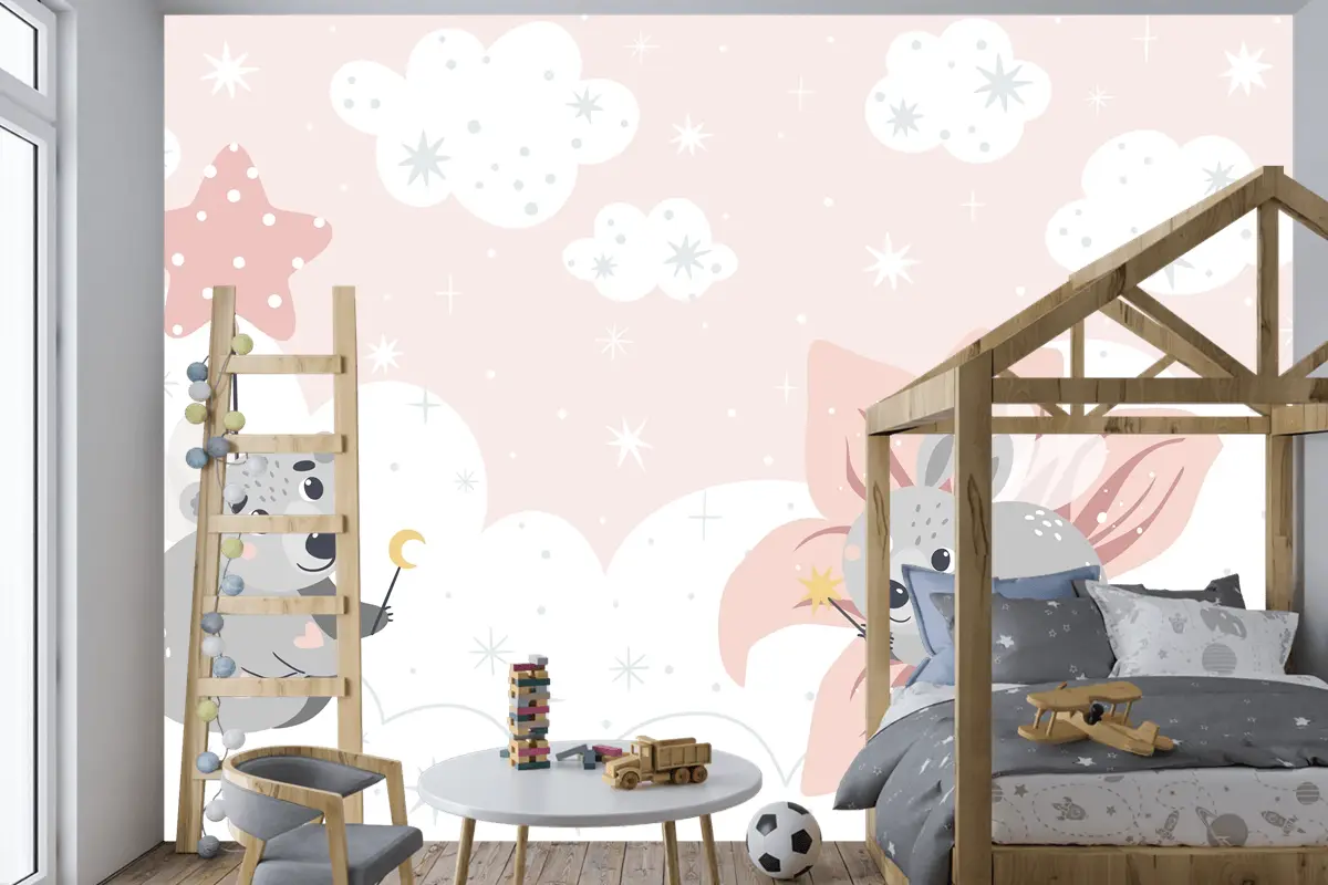 Bulutların Üzerinde Sevimli Masal Hayvanları Çocuk Odası Duvar Kağıdı Yazdırmaya Uygun