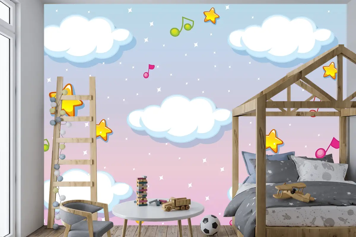 Melodi Temalı Çocuk Odası Duvar Kağıdı  Ile Pastel Gökyüzü Arka Planında Boş Bulutlar
