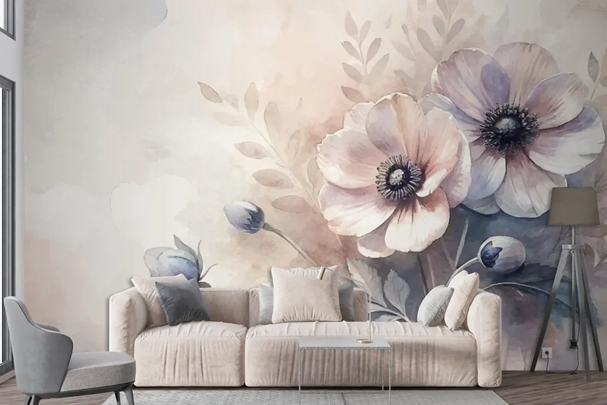 Vintage Anemon Çiçek Suluboya Arka Plan Oturma Odası Duvar Kağıdı 