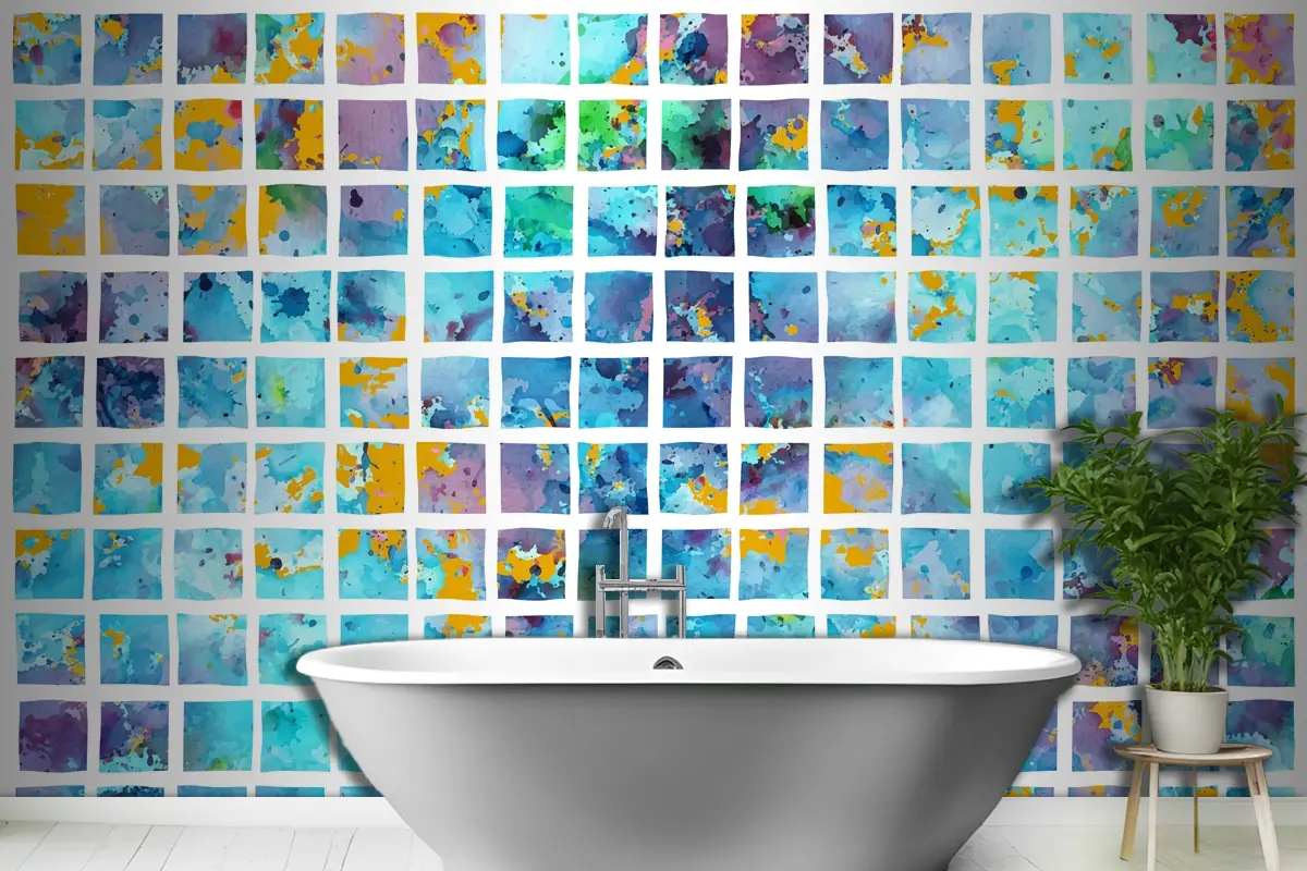 Mozaik Tarzında Suluboya Arka Plan Banyo Duvar Kağıdı