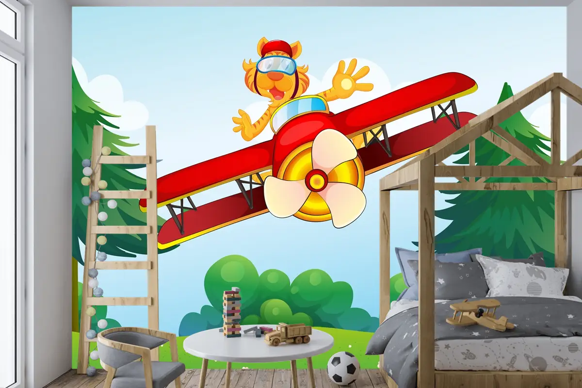 Uçağa Binen Övünen Kaplan Çocuk Odası Duvar Kağıdı