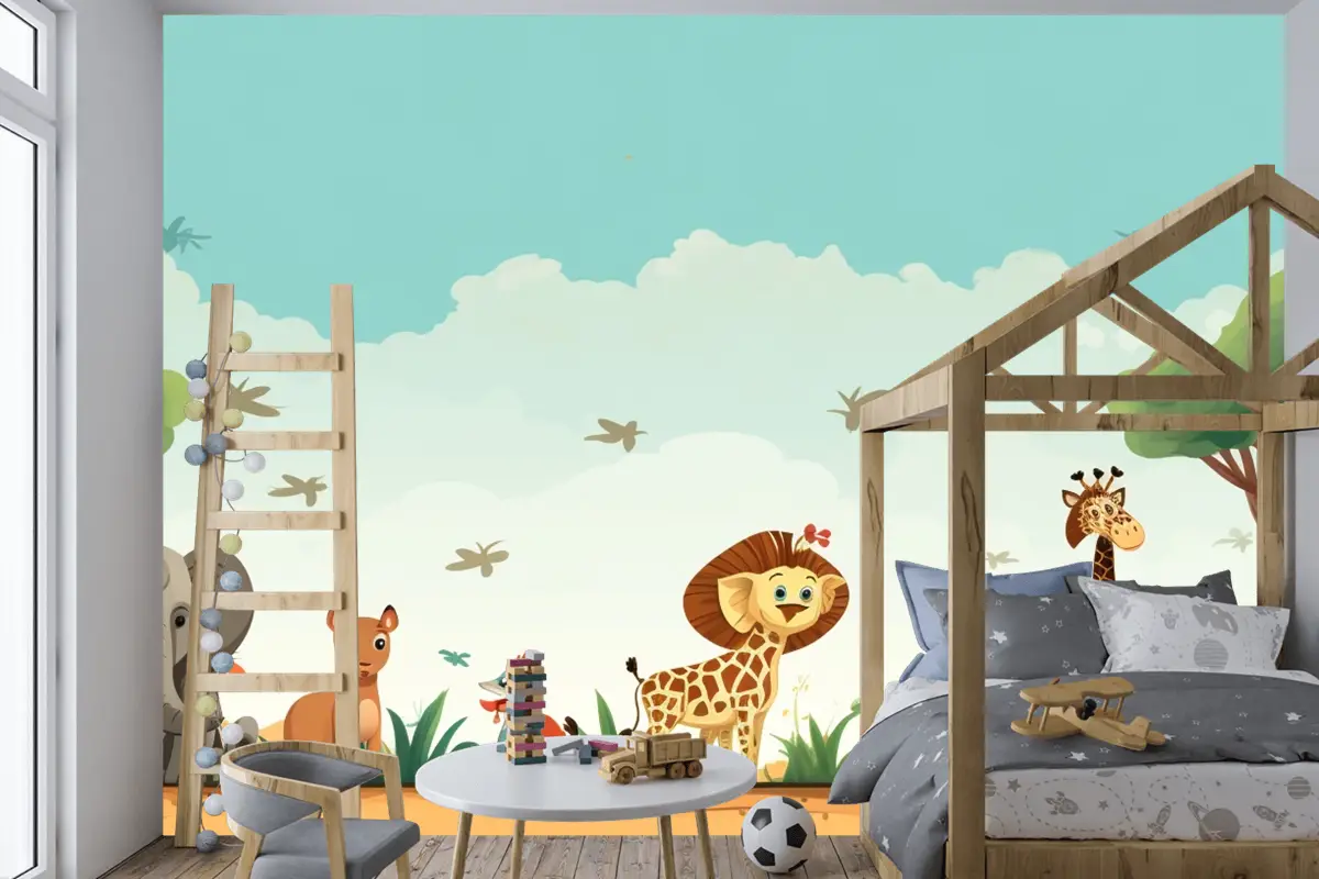 Hayvanların Bulunduğu Bir Tarlada Zürafalar Ve Zürafaların Karikatürü Çocuk Odası Duvar Kağıdı