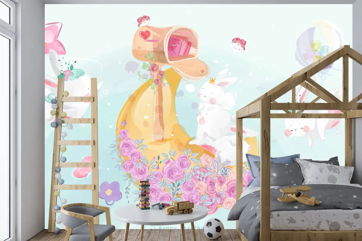 Renkli Suluboya Tarzında Sevimli Küçük Tavşan Çocuk Odası Duvar Kağıdı