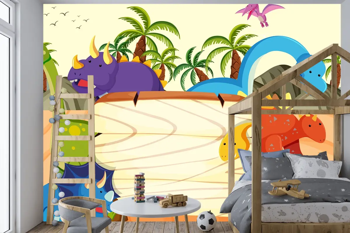 Bir Dinozor Ahşap Tahta Şablonu Çocuk Odası Duvar Kağıdı 