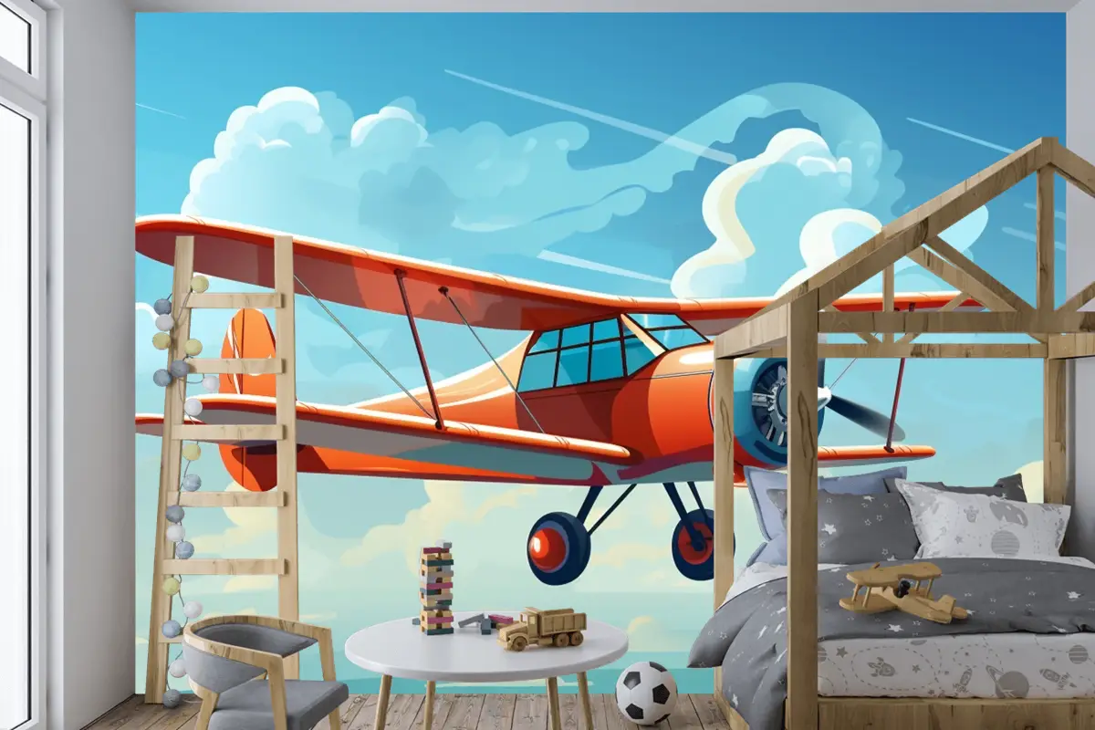 Önünde Pervaneden Alıntı Sözlerinin Bulunduğu Kırmızı Bir Uçağın Çizimi Çocuk Odası Duvar Kağıdı