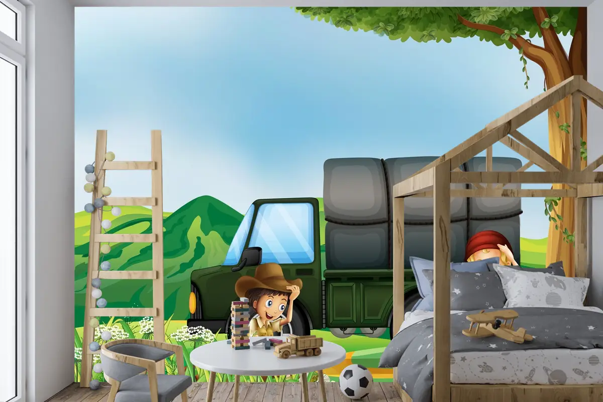 Yeşil Kamyonun Yanında Bir Kız Ve Bir Erkek Çocuk Odası Duvar Kağıdı