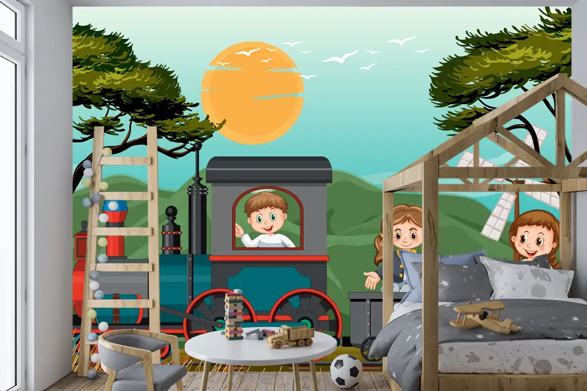 Doğal Sahneli Trende Bir Çocuk Bebek Odası Duvar Kağıdı