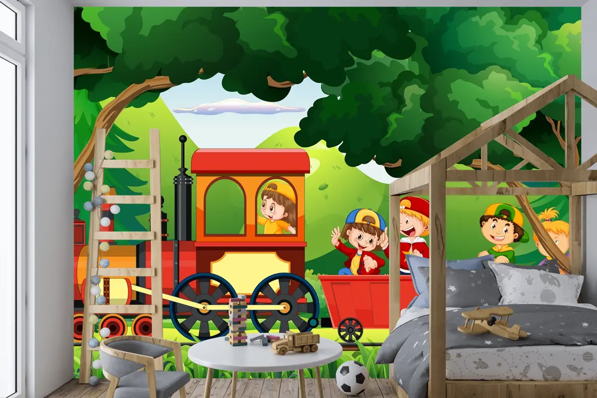 Doğal Sahneli Trendeki Çocuklar Çocuk Odası Duvar Kağıdı