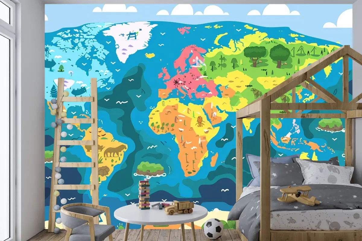 Üzerinde "Dünyadan Alıntı" Sözlerinin Bulunduğu Dünya Haritası Çocuk Odası Duvar Kağıdı