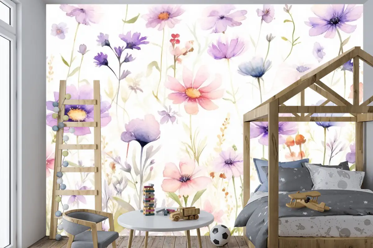 Beyaz Zemin Üzerine Bir Demet Çiçek Tablosu Çocuk Odası Duvar Kağıdı