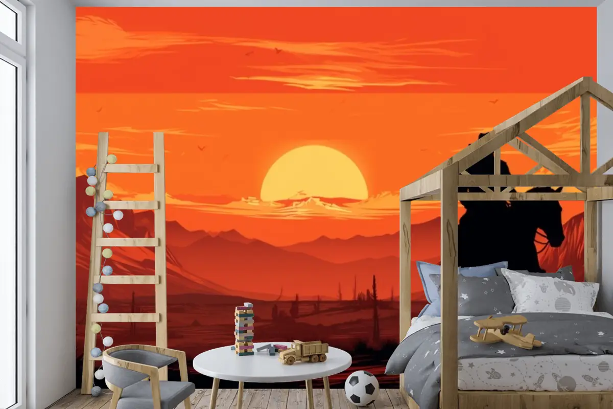 Gün Batımı Önünde Ata Binen Bir Kovboy Tablosu Çocuk Odası Duvar Kağıdı