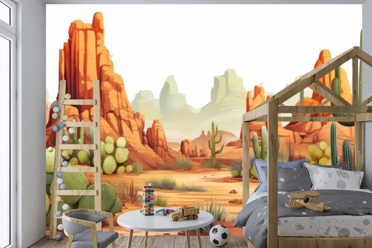 Kaktüs Ve Çöl Manzarası Çocuk Odası Duvar Kağıdı  Ile Bir Çöl Manzarası Tablosu