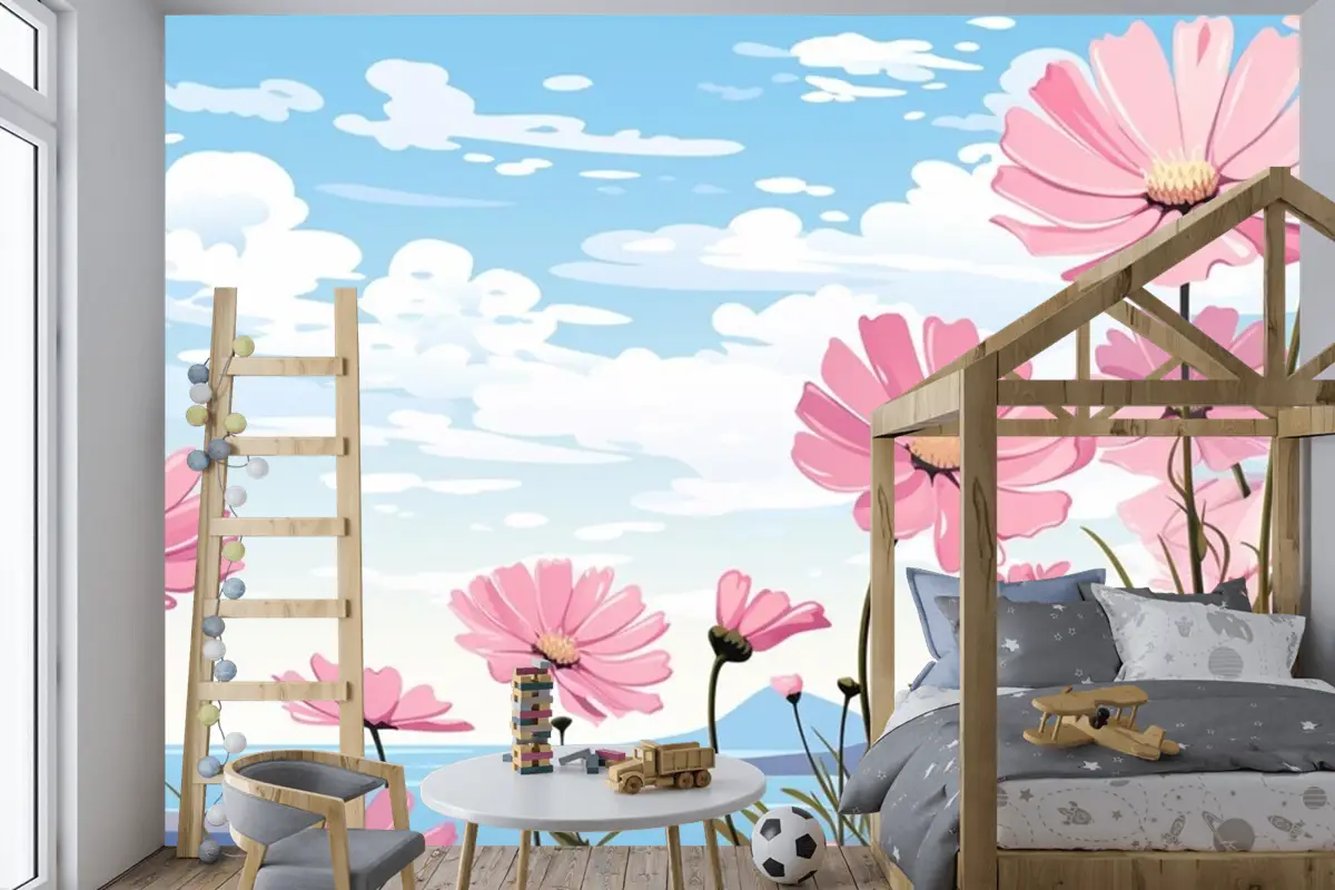 Papatyalar Çocuk Odası Duvar Kağıdı Ile Gökyüzünde Pembe Çiçeklerden Oluşan Bir Tablo