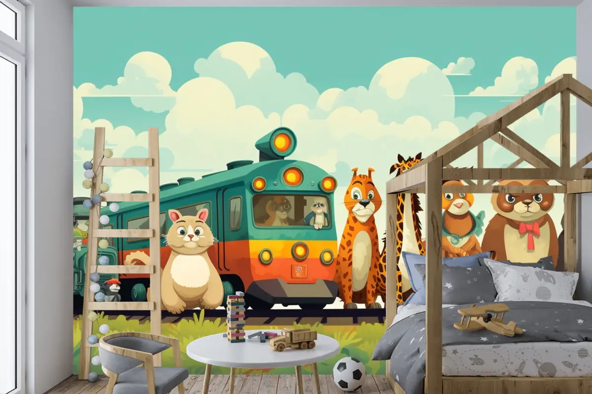 Üstünde Hayvanların Olduğu Bir Tren Ve Önünde Zürafalar Yazan Bir Tren Çocuk Odası Duvar Kağıdı