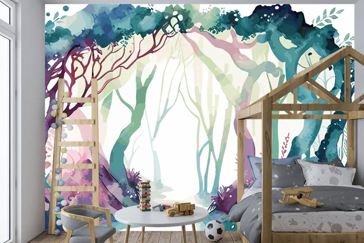 Çocuk Odası Duvar Kağıdına Giden Yolu Olan Bir Ormanın Suluboya Tablosu