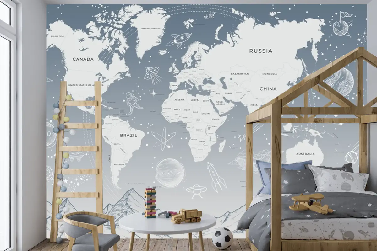 Açık Mavi Güneş Sistemi Galaksi Uzay Çocuk Odası Dünya Haritası Duvar Kağıdı