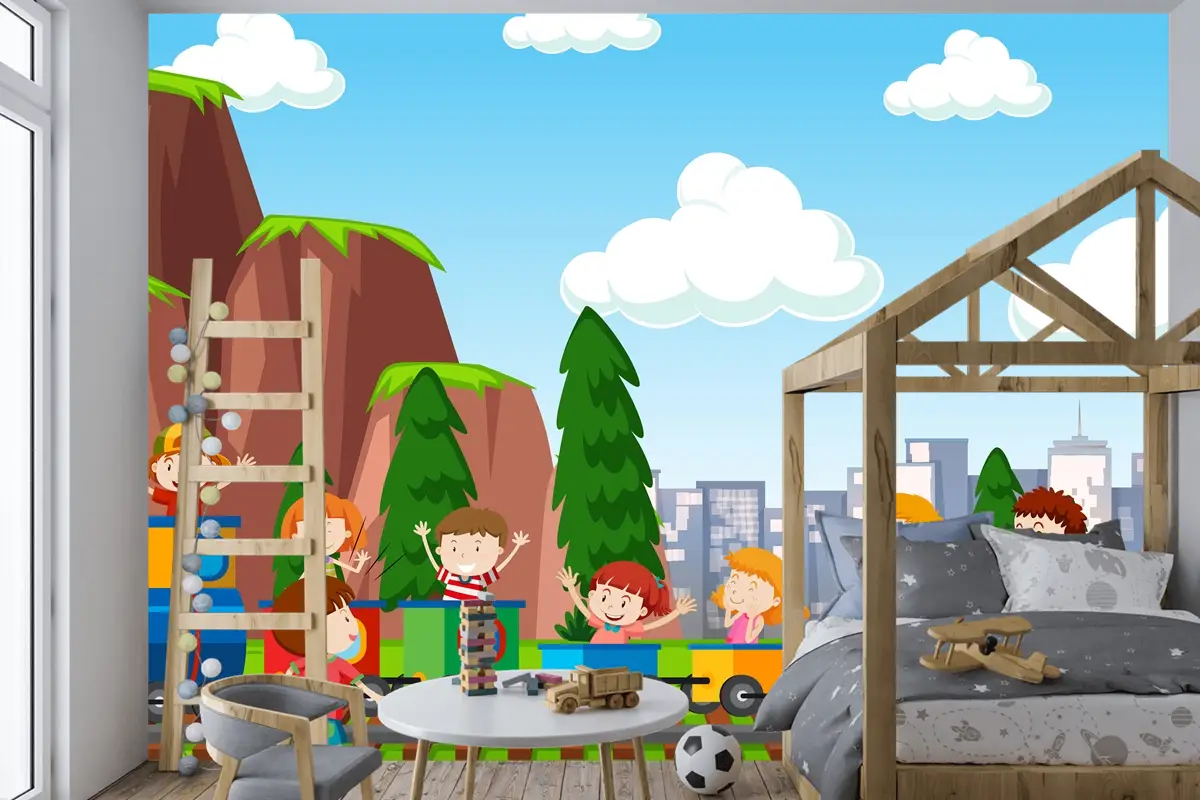 Çocuk Odası Duvar Kağıdı Dışında Spor Ve Eğlence Aktiviteleri Oynayan Aktif Erkek Ve Kız Çocukları