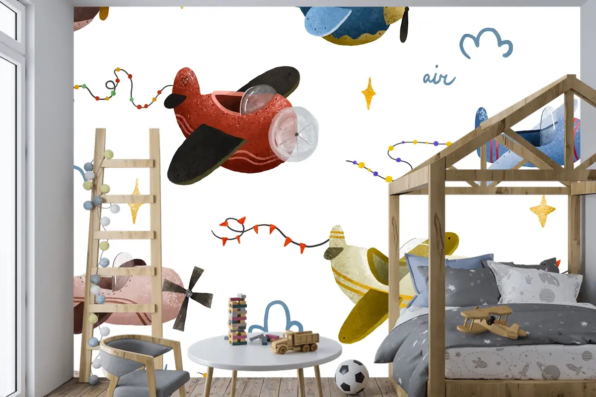 İskandinav Tarzı Çocuk Odası Duvar Kağıdı Duvarında Uçak Ve Bulutlar