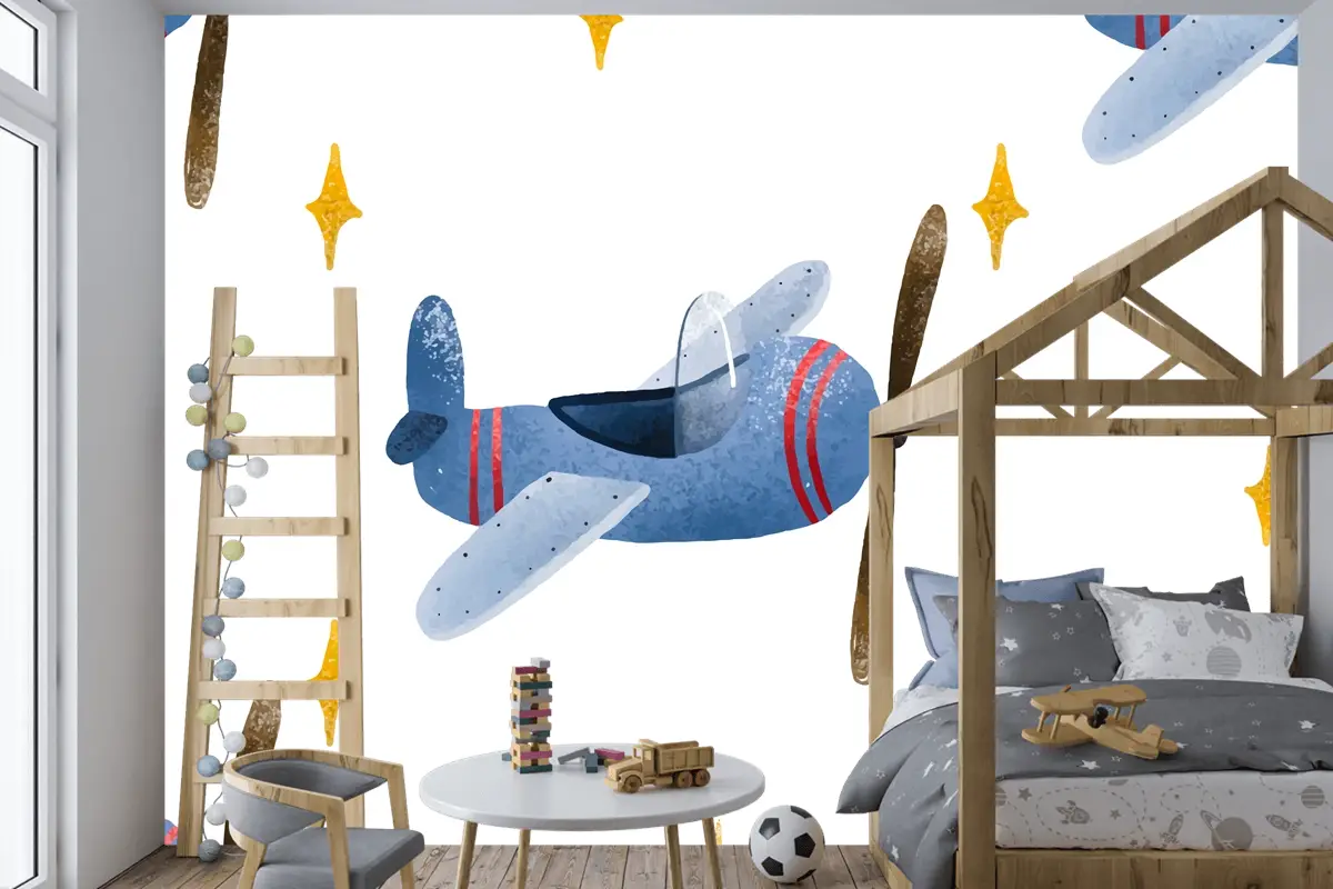 İskandinav Tarzında Uçak Ve Bulutlar Çocuk Odası Duvar Kağıdı