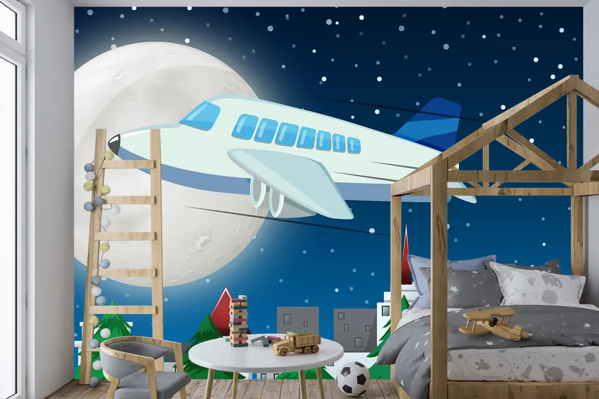 Gece Gökyüzünde Uçan Uçak Çocuk Odası Duvar Kağıdı