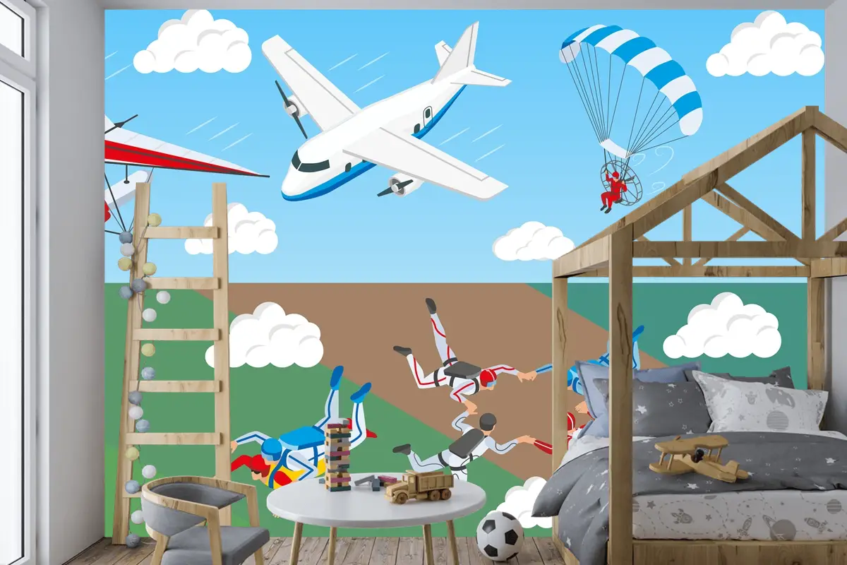 Uçak Yelken Havacılık Gökyüzünde Paraşütle Atlayan Bir Grup İnsan Çocuk Odası Duvar Kağıdı