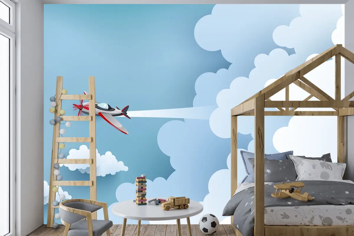 Bulut Üzerinde Uçak Çocuk Odası Duvar Kağıdı 
