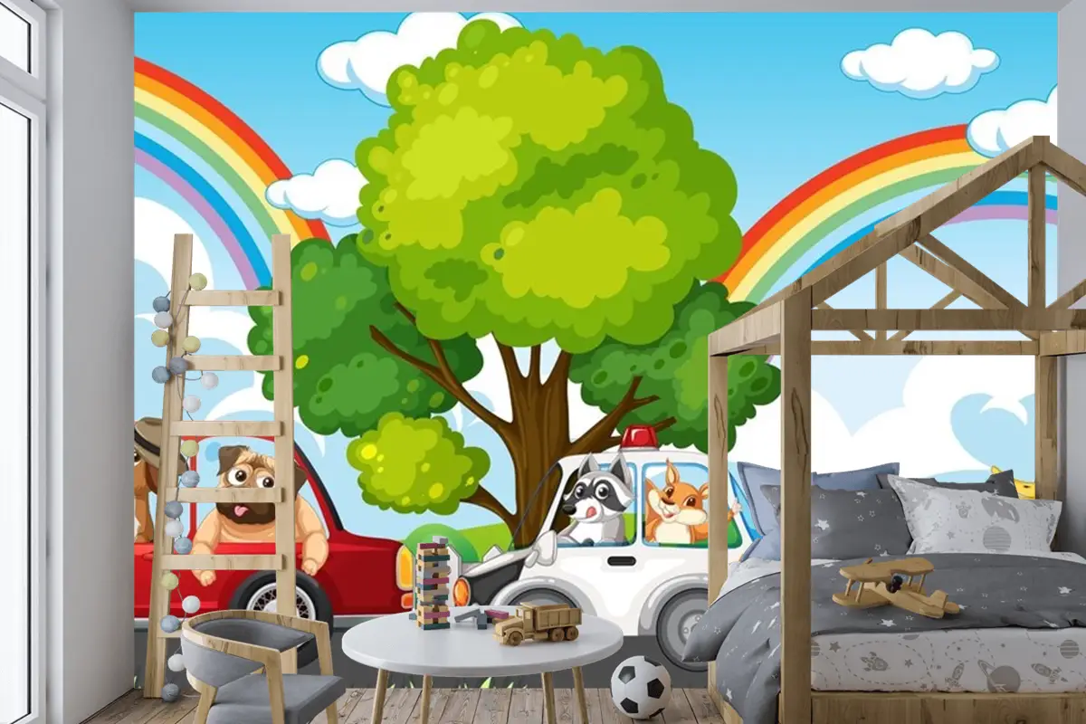 Farklı Arabaları Süren Hayvanlar Çocuk Odası Duvar Kağıdı