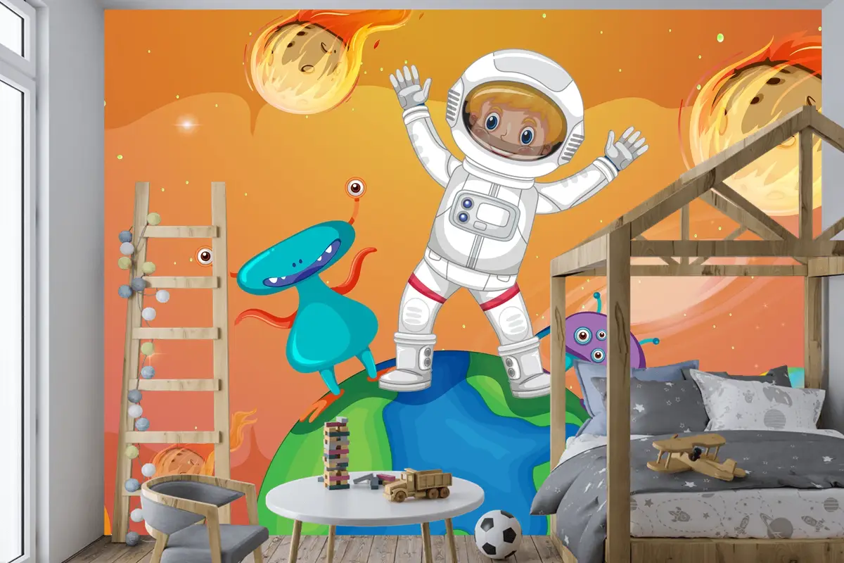 Uzay Sahnesinde Dünya Üzerinde Duran Uzaylılarla Astronot Çocuk Odası Duvar Kağıdı