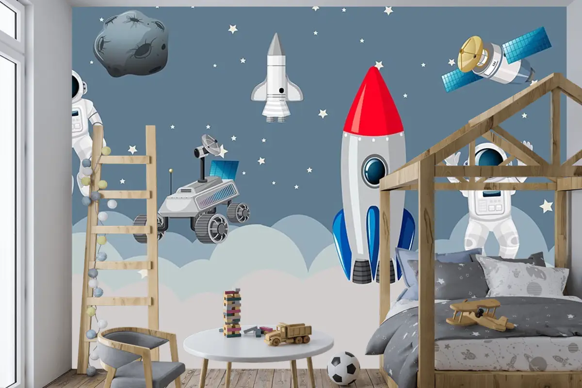 Astronotlar Ve Uzay Araçları Çocuk Odası Duvar Kağıdı
