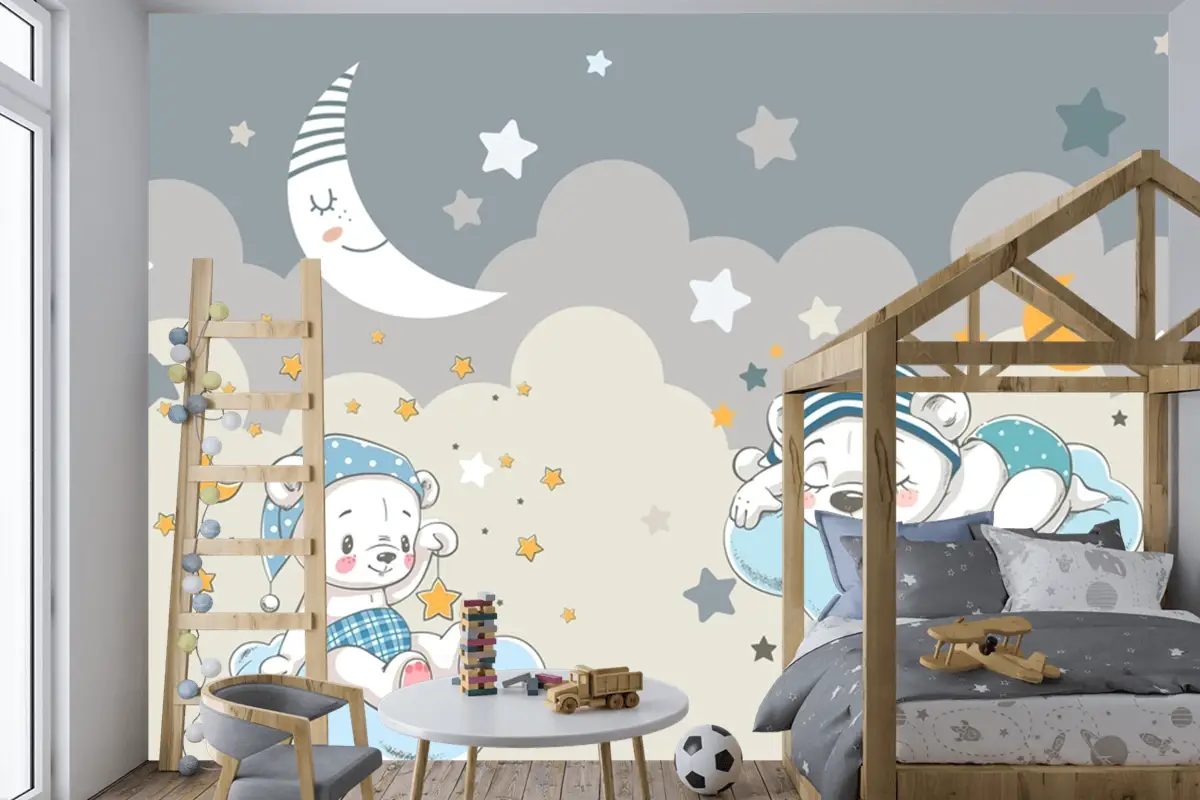 Ay Ve Yıldızlar Tüylü Bulutlar Teddy Ayılar Bebek Çocuk Odası Duvar Kağıdı