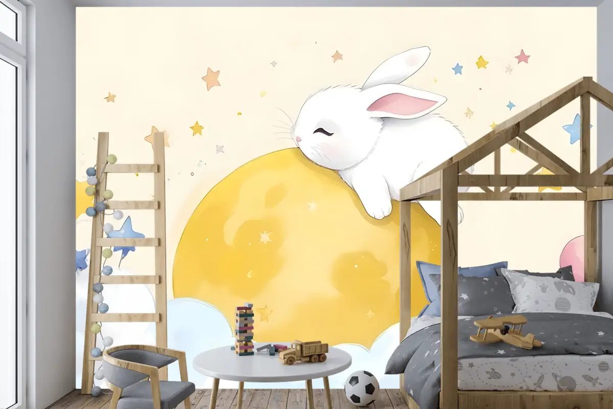 Bebek Karikatür Tavşan Ve Sarı Ay Çocuk Odası Duvar Kağıdı