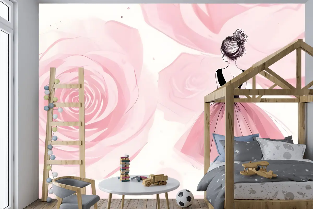 Balerin Kız Ve Pembe Güller Çocuk Odası Duvar Kağıdı