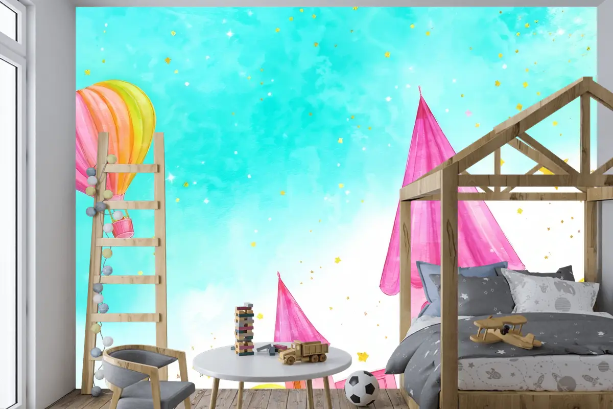 Uçan Bir Peri Masalı Suluboya Çocuk Odası Duvar Kağıdı Ile Balon