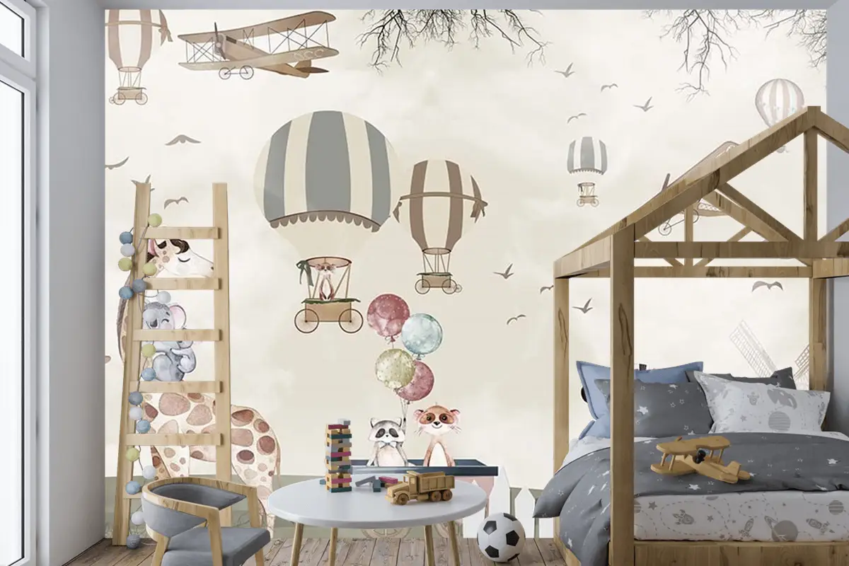 Balonlar Uçaklar Sevimli Hayvanlar Çocuk Kağıdı