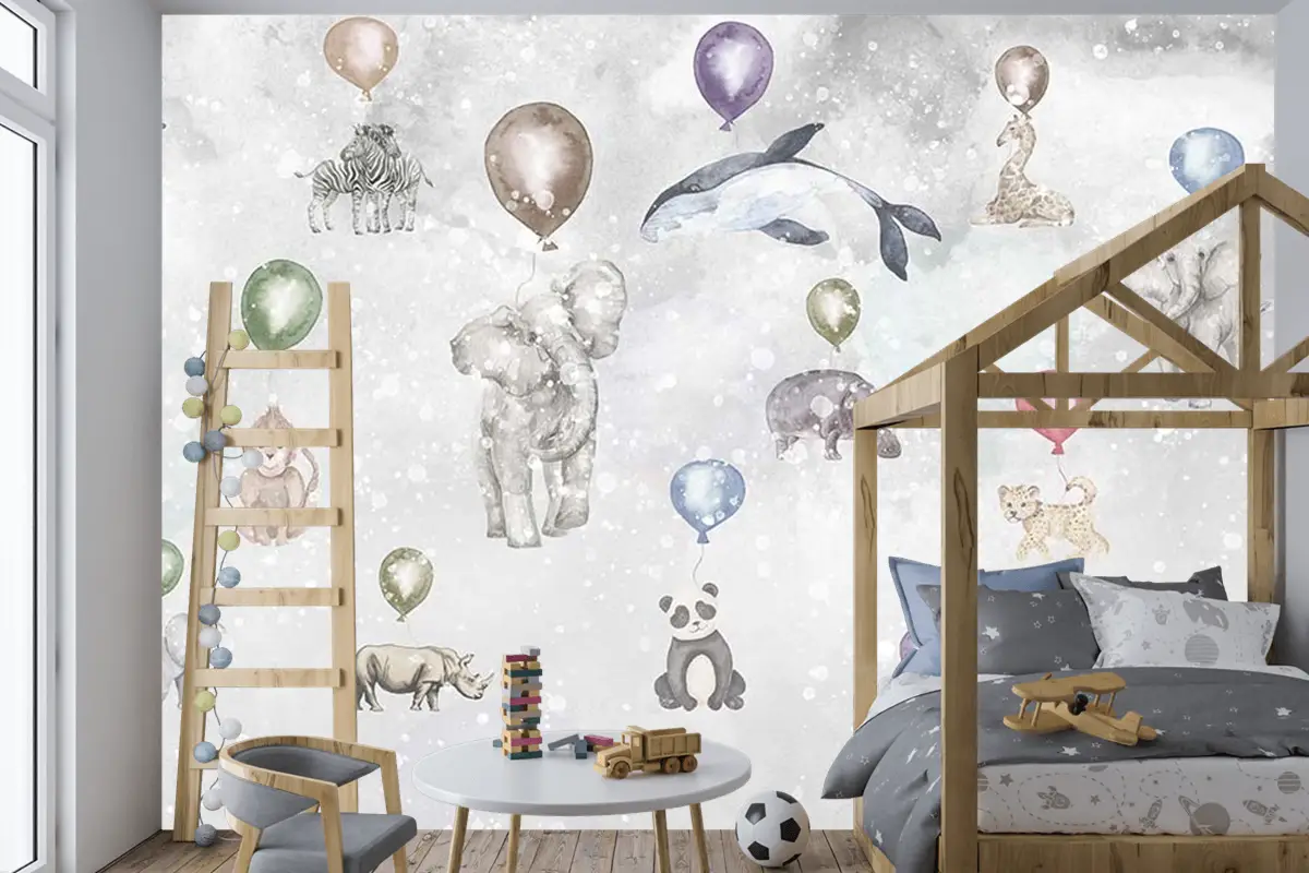 Balonlar Ve Sevimli Hayvanlar Çocuk Odası Duvar Kağıdı