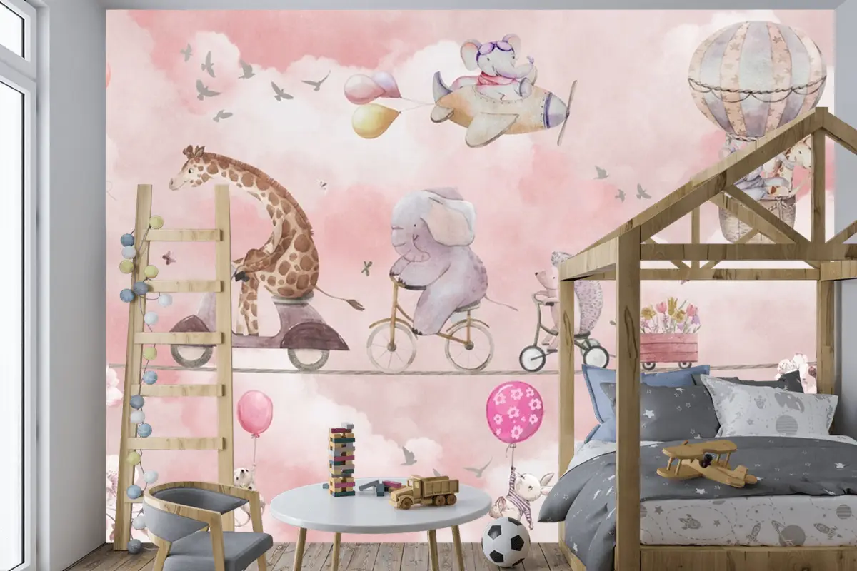Balonlu Bisikletli Hayvanlar Suluboya Pembe Çocuk Odası Duvar Kağıdı