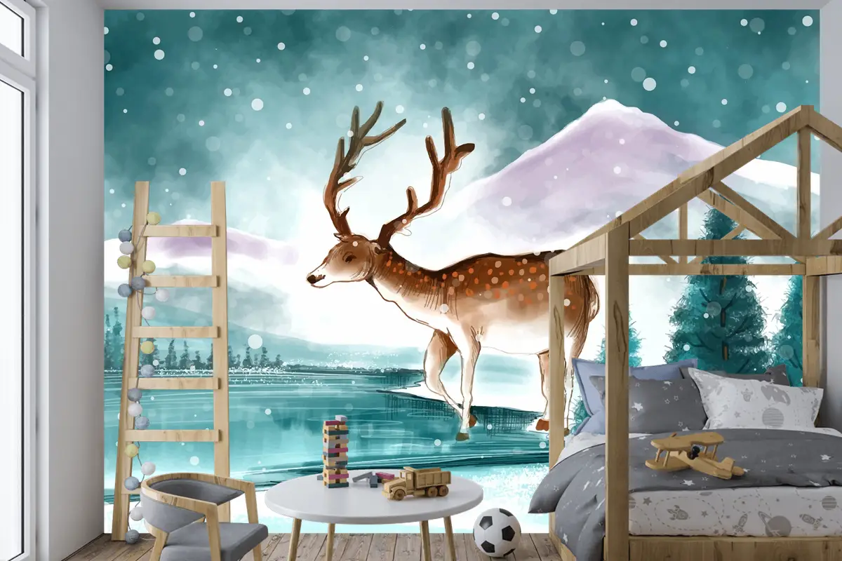 Kışın Güzel Noel Manzarası Noel Geyiği Kartı Çocuk Odası Duvar Kağıdıyla