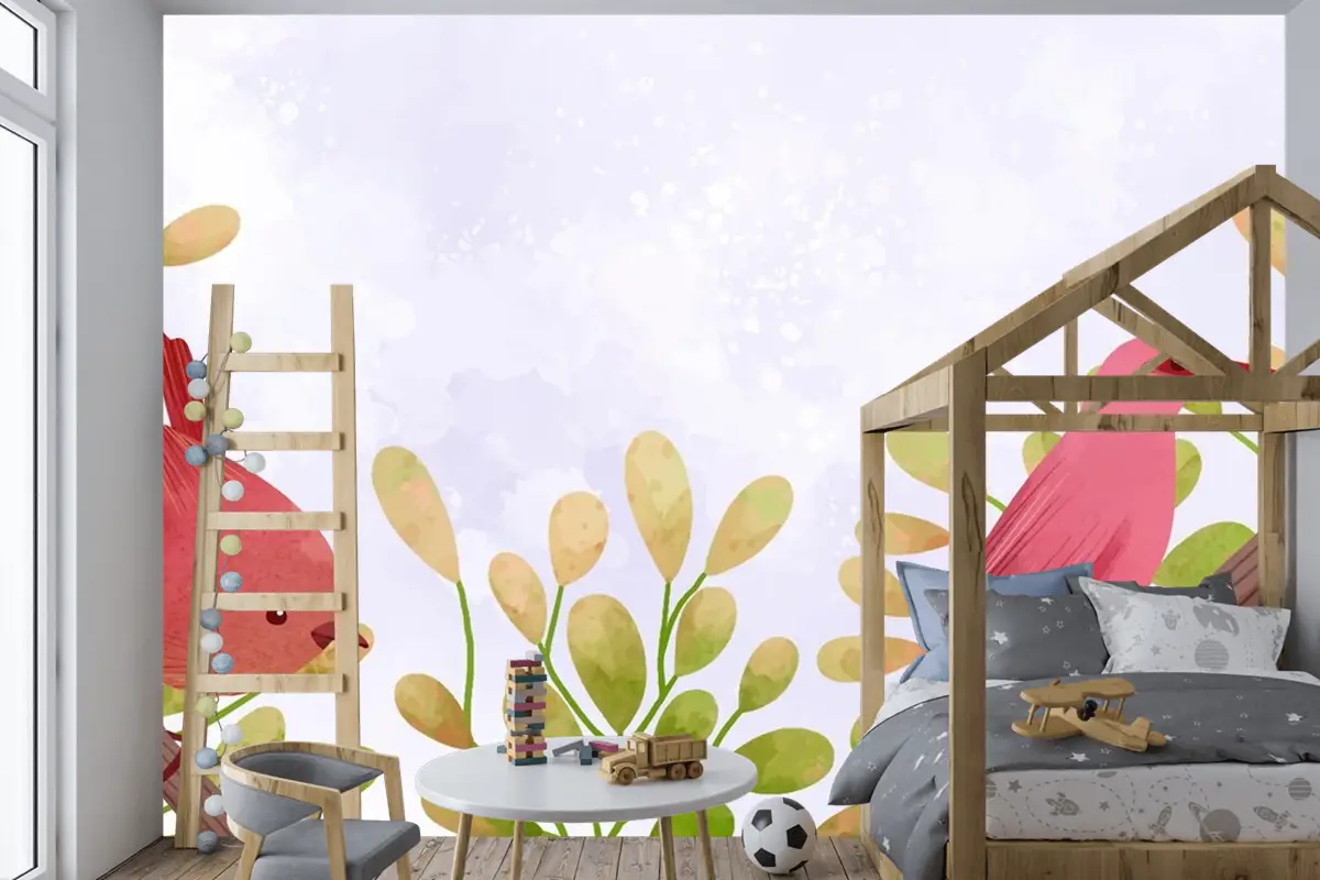 Dallarda Oturan Kuşların Güzel Suluboya Çocuk Odası Duvar Kağıdı