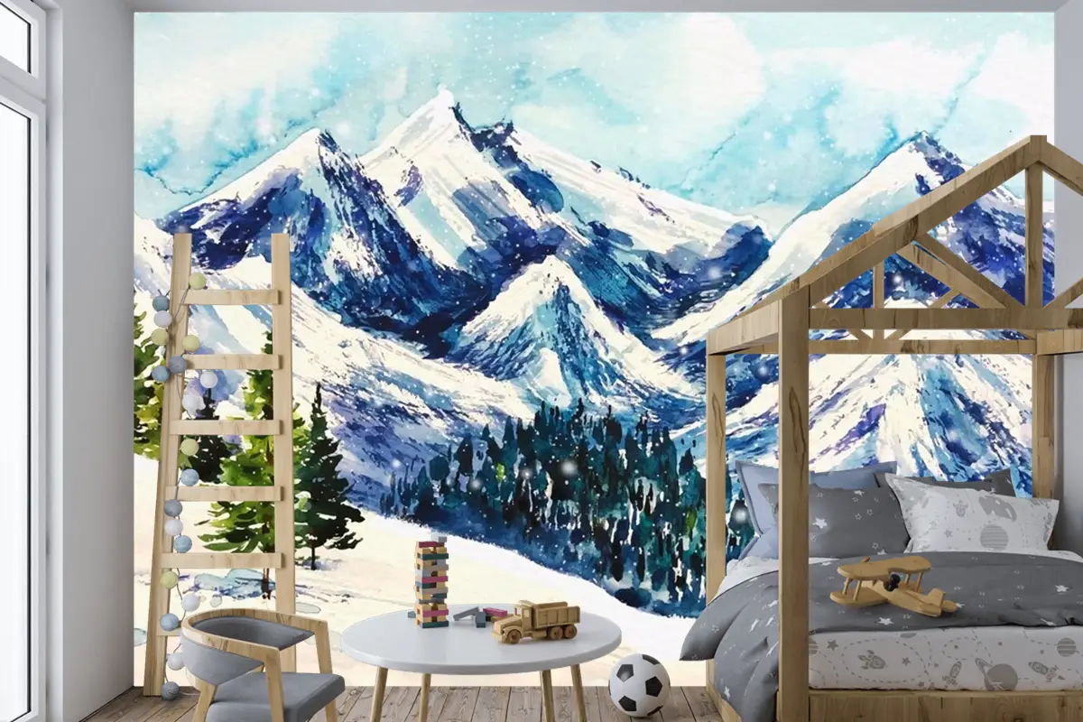 Suluboya Arka Planda Güzel Kış Manzarası Çocuk Odası Duvar Kağıdı